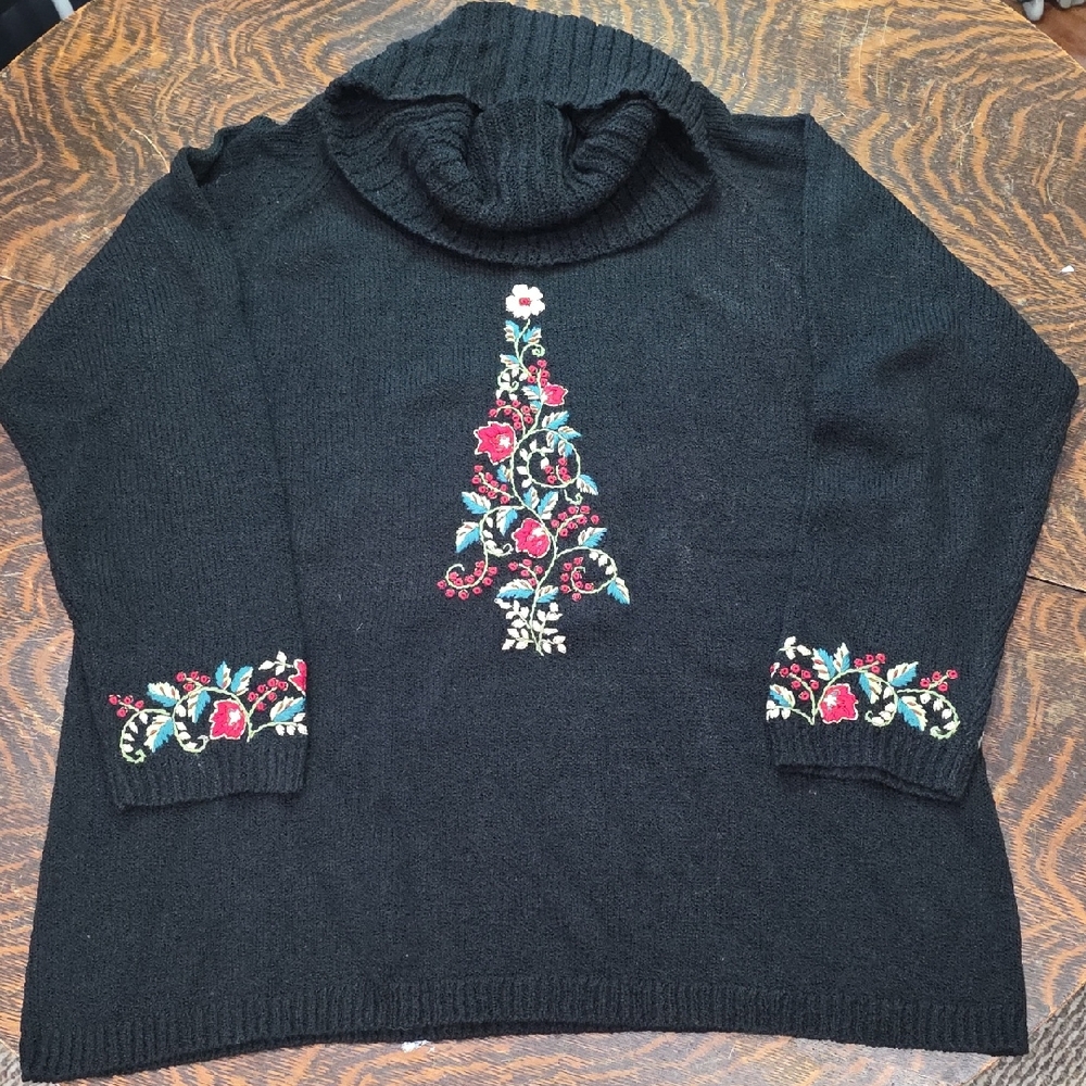 Coldwater Creek Black Sweater with Colorful Holiday Tree Embroidery